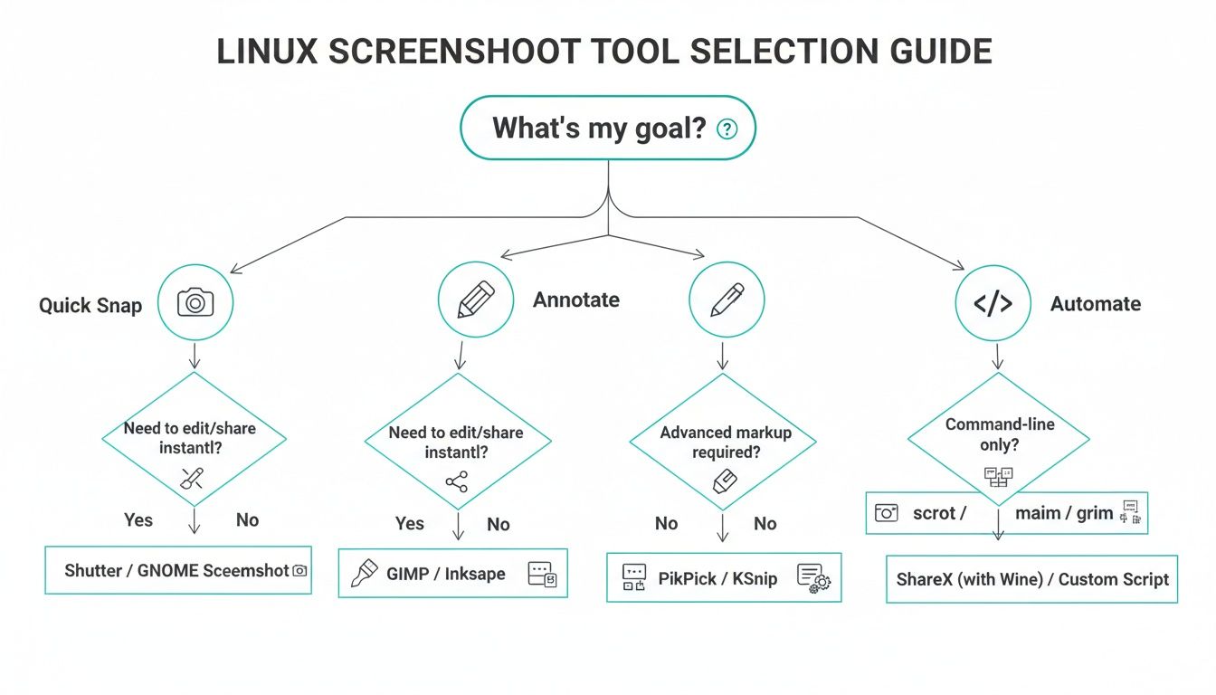 A flowchart guiding users to select a Linux screenshot tool based on their specific goals: quick snap, annotate, or automate.
