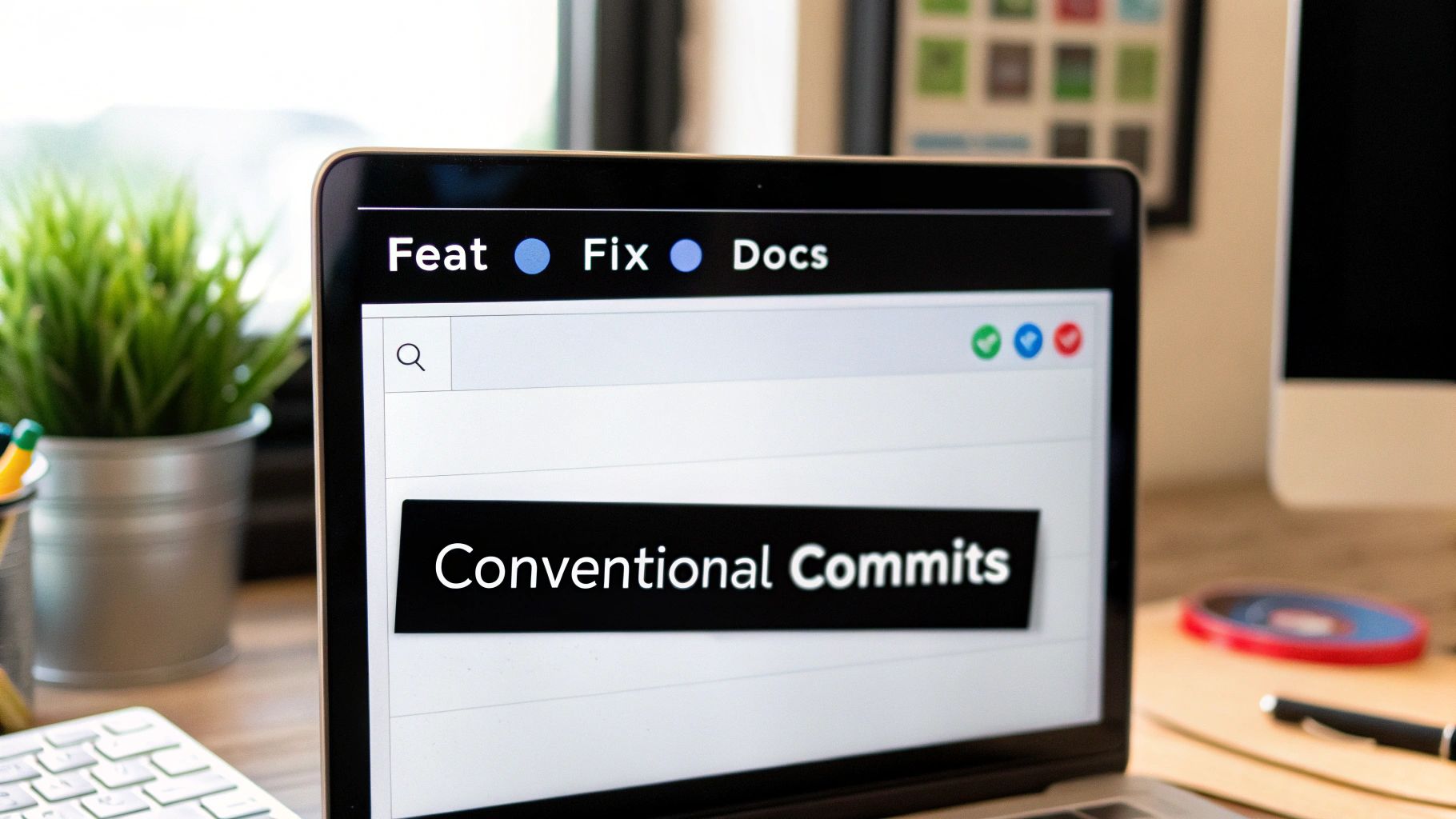 A laptop screen displays 'Conventional Commits' with 'Feat', 'Fix', 'Docs' commit types.