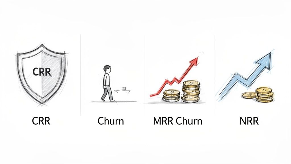 Illustrative sketches of key SaaS metrics: CRR, Churn, MRR Churn, and NRR.