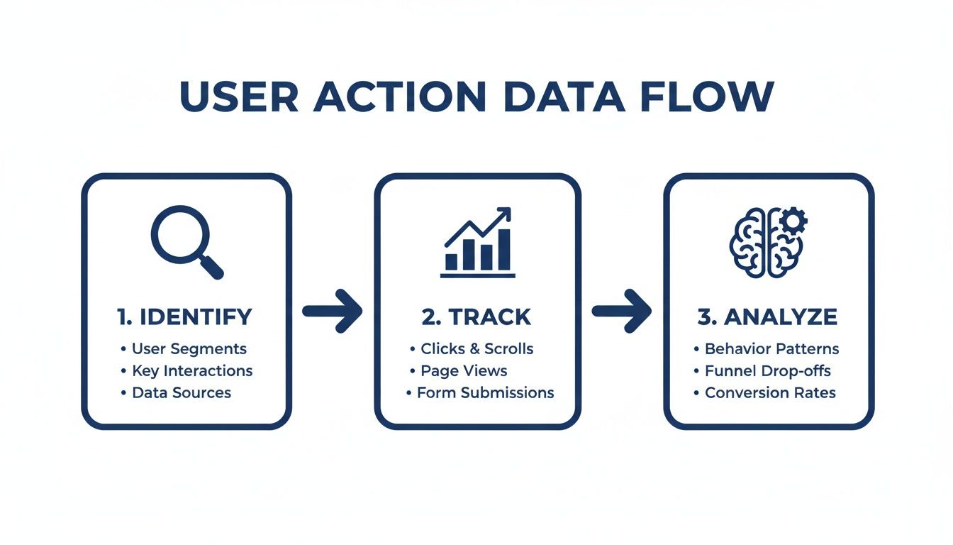 Infographic showing the 3-step user action data flow: identify, track, and analyze customer behavior.