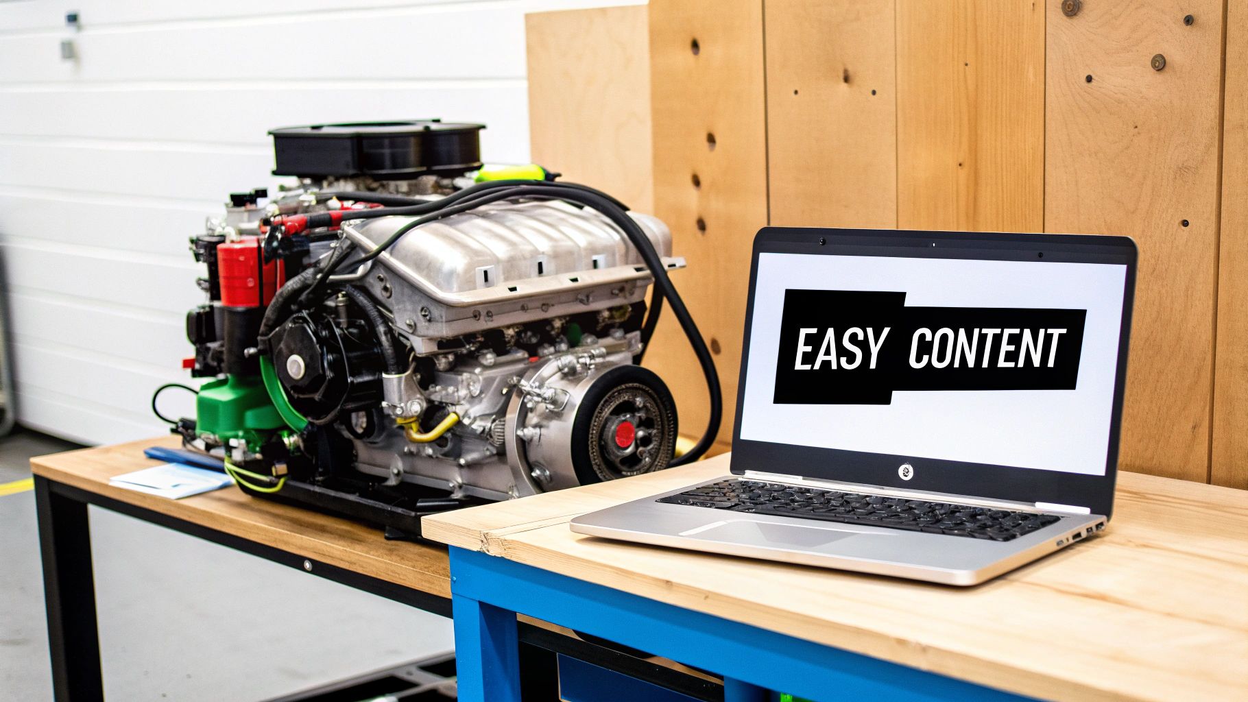 A disassembled vehicle engine and a laptop displaying "EASY CONTENT" on a wooden workbench.
