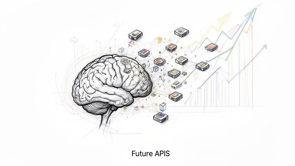 A human brain connected to a network of digital API blocks and upward trending growth charts.