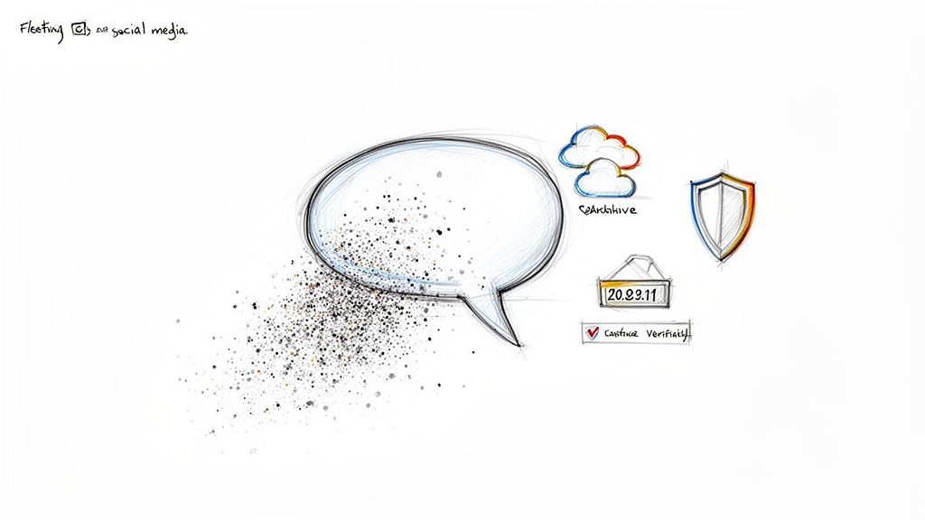 A conceptual sketch showing a dissolving speech bubble, symbolizing fleeting social media, with archiving and verification icons.