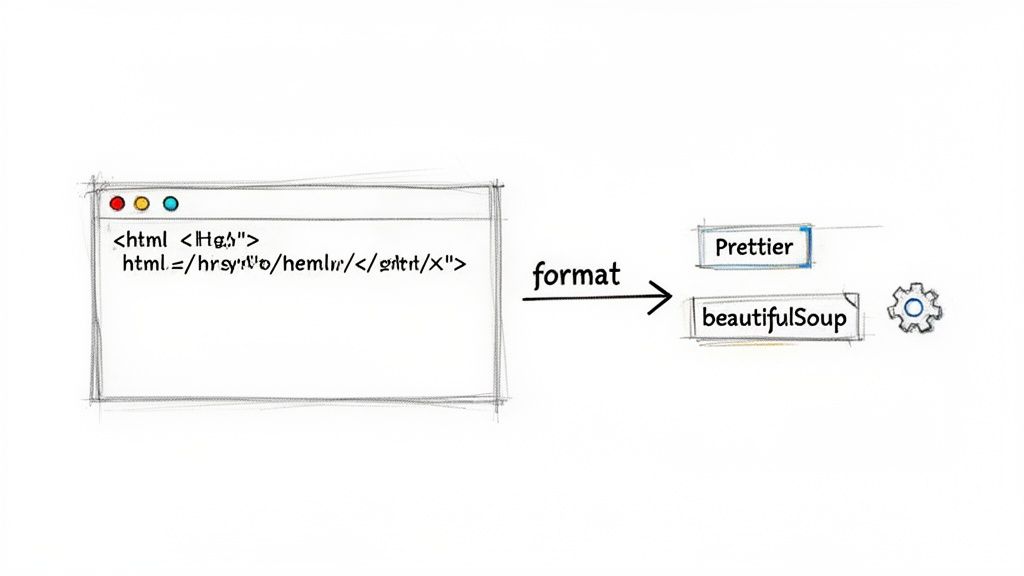 Diagram illustrating unformatted HTML code being processed by Prettier and beautifulSoup for formatting.