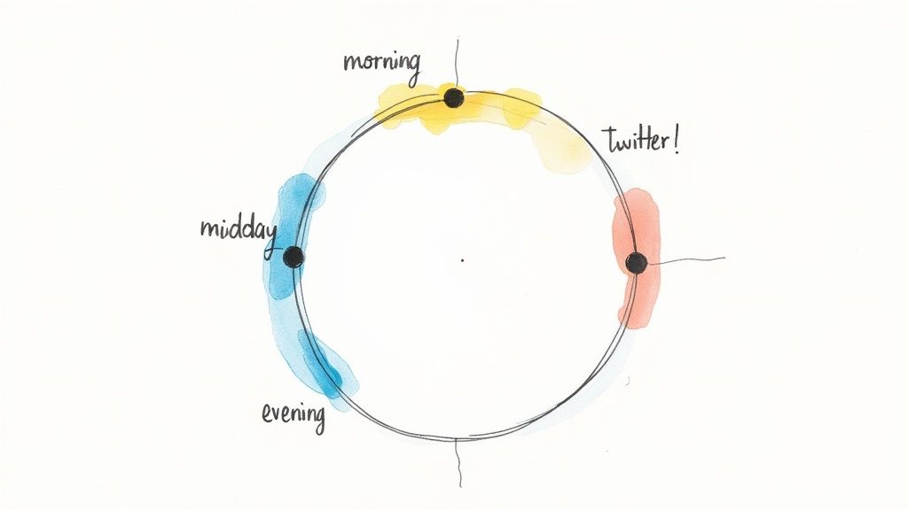 A watercolor diagram illustrating a daily schedule, labeling morning, midday, evening, and Twitter activity.