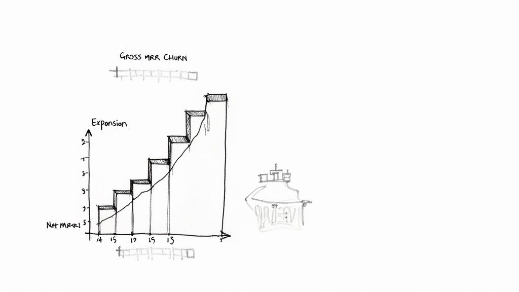 Hand-drawn chart illustrating Net MRR expansion over time with Gross MRR churn indicators.