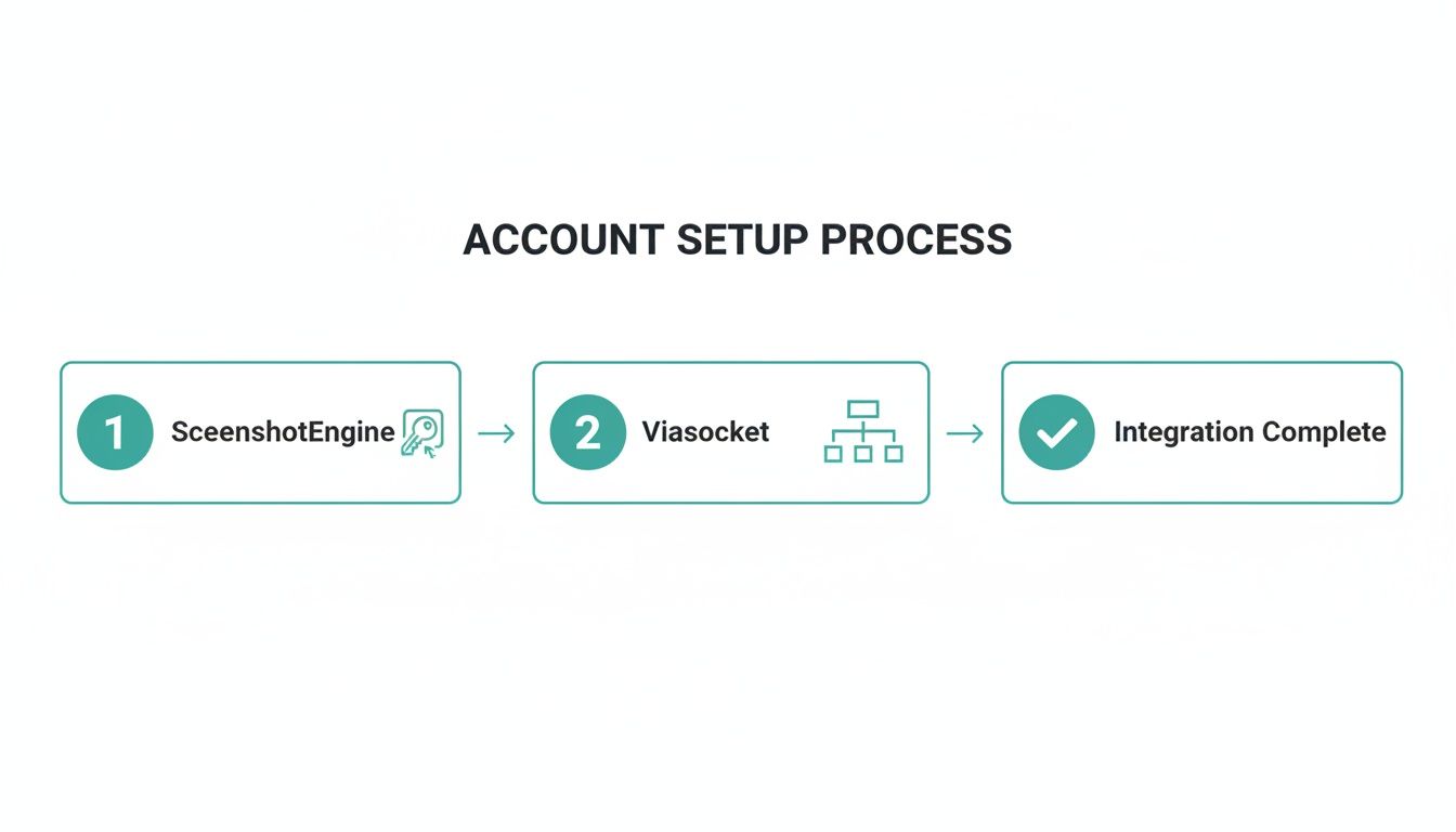 A diagram illustrates the account setup process: ScreenshootEngine, Viasocket, and complete integration.
