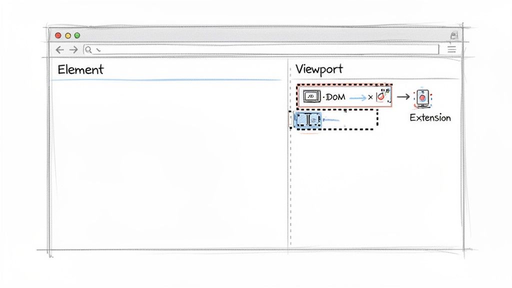 Sketch of a browser window with 'Element' and 'Viewport' sections, showing a 'DOM' to 'Extension' diagram.