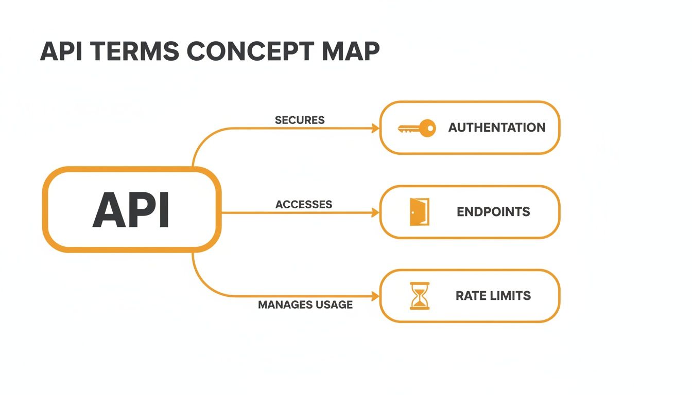 A concept map illustrating key API terms including Authentication, Endpoints, and Rate Limits.