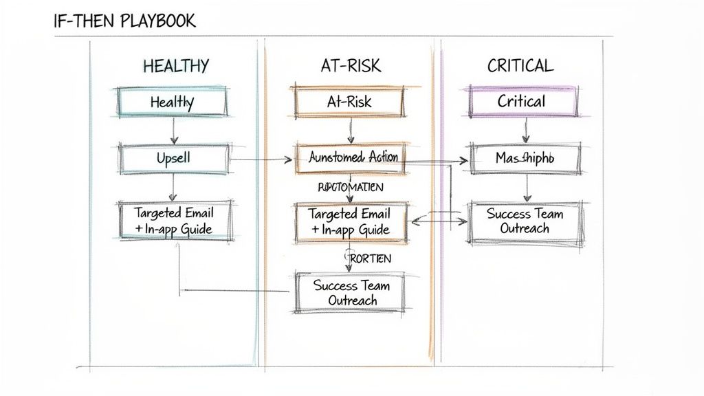 Flowchart diagramming an IF-THEN PLAYBOOK with actions for Healthy, At-Risk, and Critical customer segments.