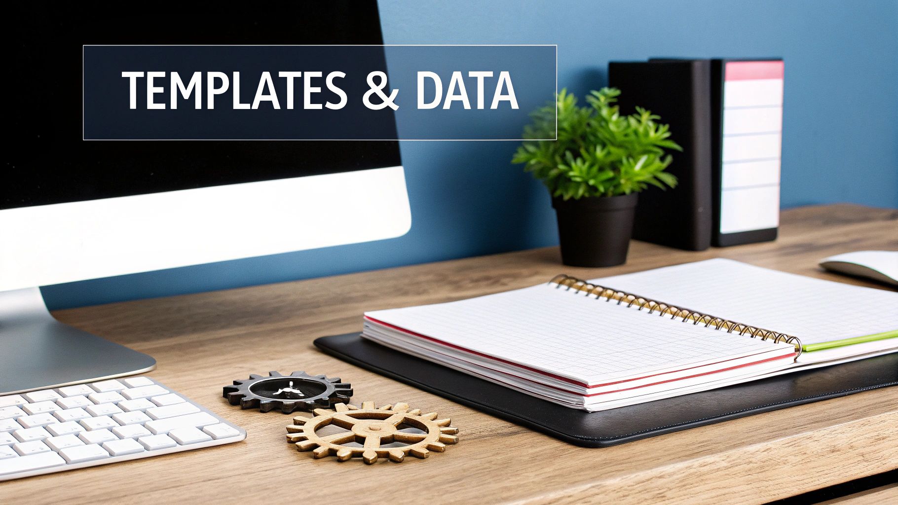 A modern workspace with a computer, keyboard, notebook, gears, and plant. Text overlay reads 'TEMPLATES & DATA'.