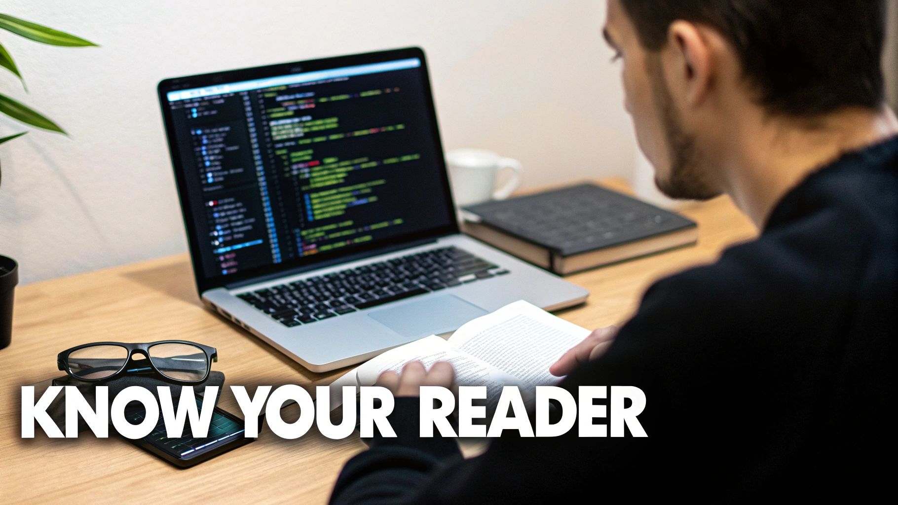 A person works at a desk with a laptop displaying code, reading a book, with glasses and a phone.