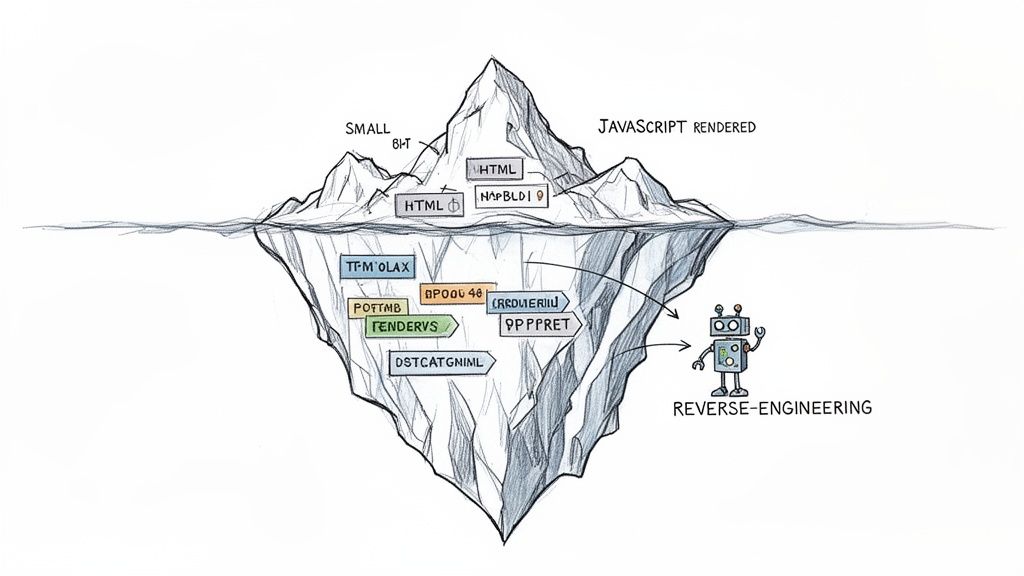 Web scraping challenges depicted as an iceberg, contrasting visible HTML with hidden, reverse-engineered content.