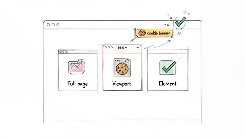 Illustration displaying a browser window with full page, viewport, and element screenshot options, plus a checked cookie banner.