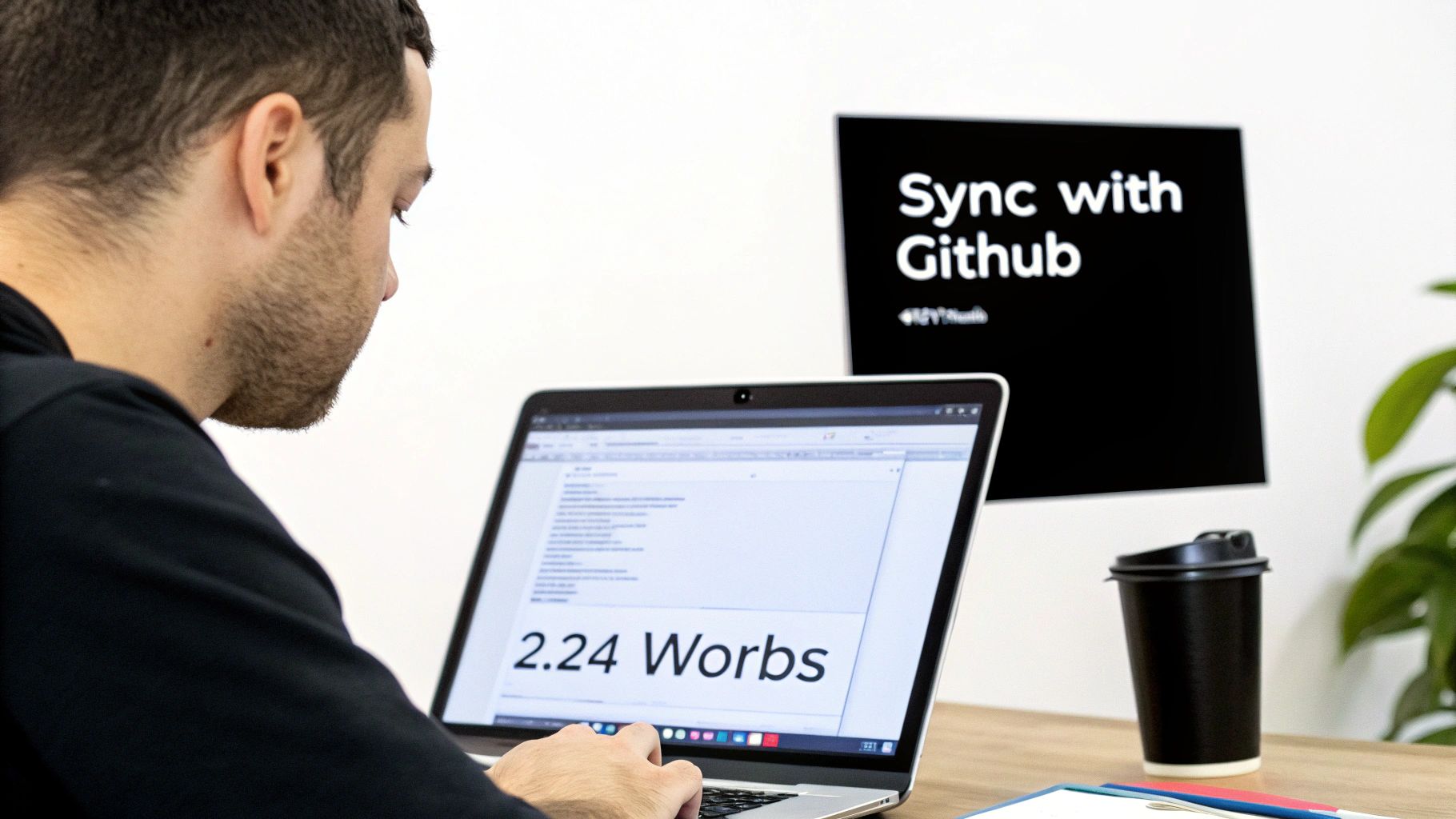 A person works on a laptop showing '2.24 Worbs' with a 'Sync with Github' sign in the background.