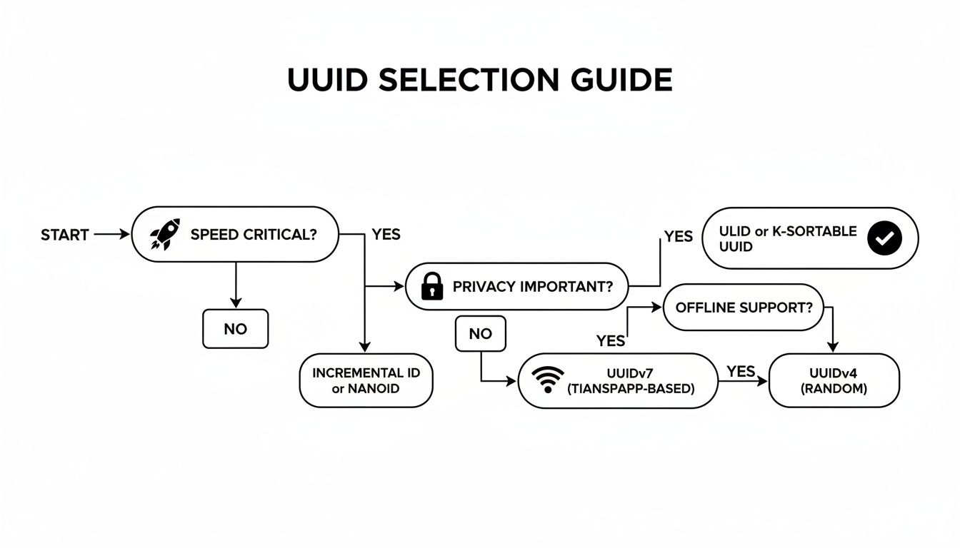 A flowchart titled 'UUID SELECTION GUIDE' illustrating the decision process for choosing UUID types based on various criteria.