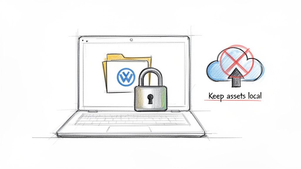 Sketch of a laptop screen with folders, a VW logo, and a padlock, emphasizing secure local asset storage without cloud upload.