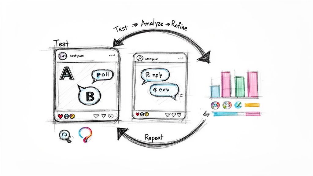 Hand-drawn diagram illustrating a social media content optimization cycle: test, analyze, refine, repeat.