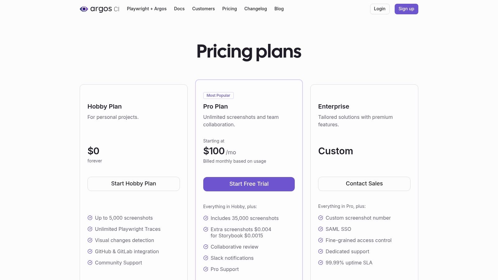Argos CI pricing tiers showing a free Hobby plan and a usage-based Pro plan