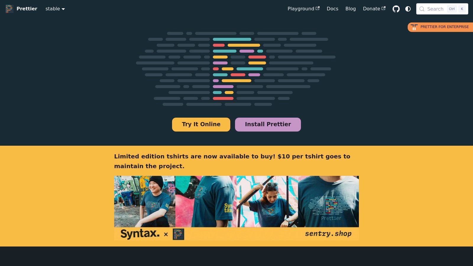 Prettier's official web interface showing its JSON formatting capabilities.