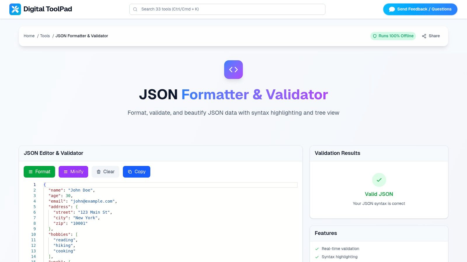 Free Online JSON Formatter & Validator - Beautify JSON