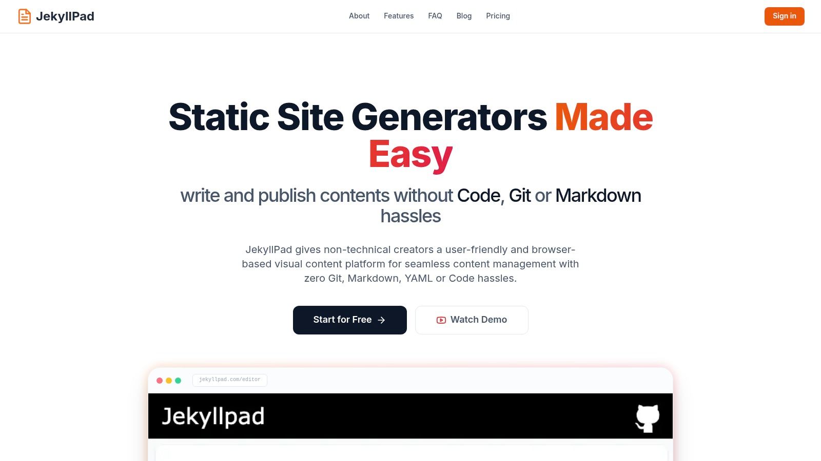 JekyllPad editor showing markdown and front-matter support for static sites