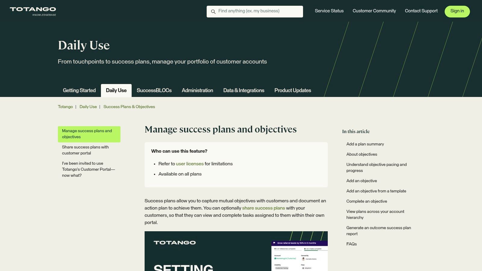 Totango Success Plans interface showing objectives, milestones, and task statuses for customer accounts.