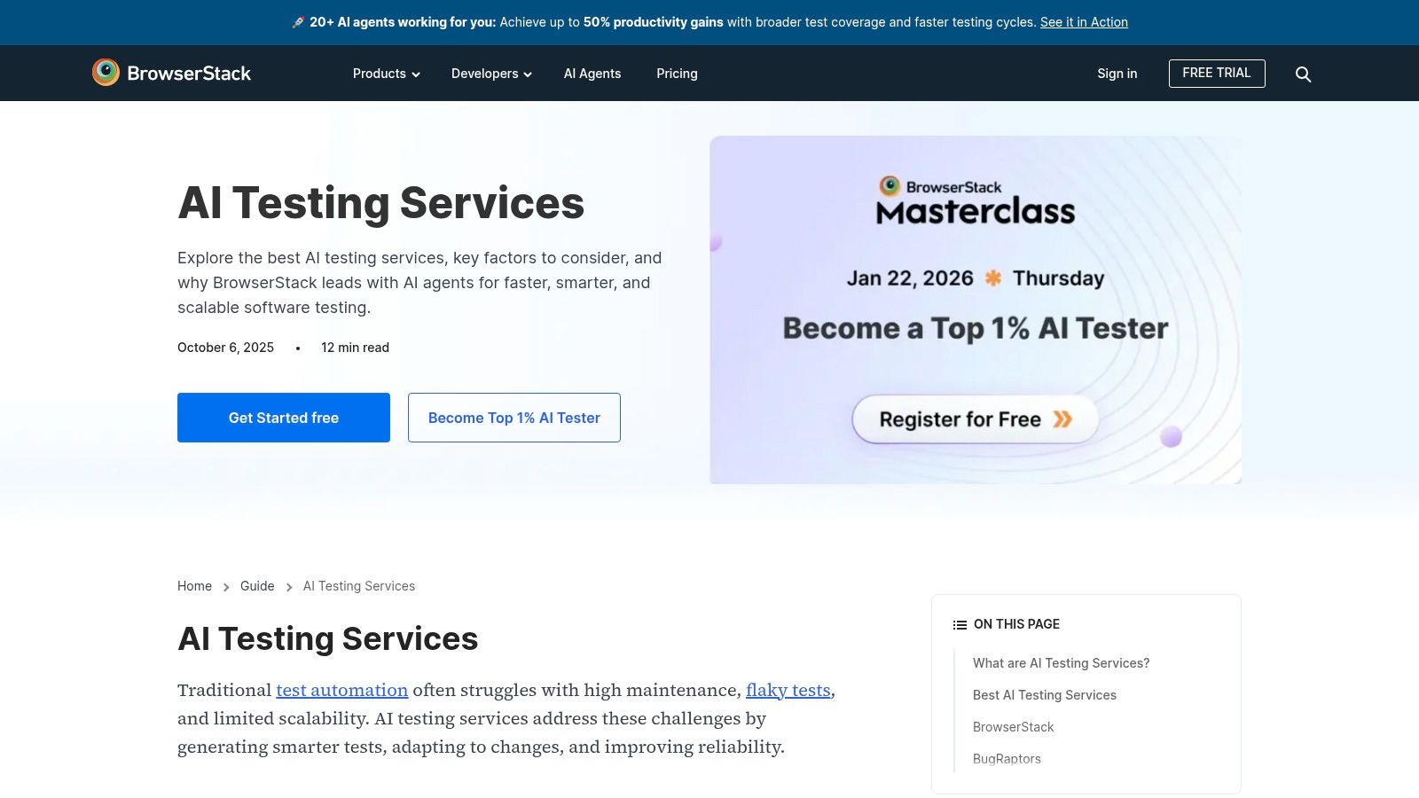 BrowserStack AI testing tools service page showing a hero section with a title that reads,