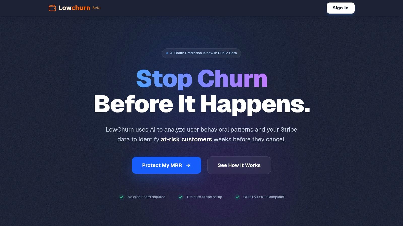 LowChurn's dashboard showing at-risk accounts and churn prediction analytics