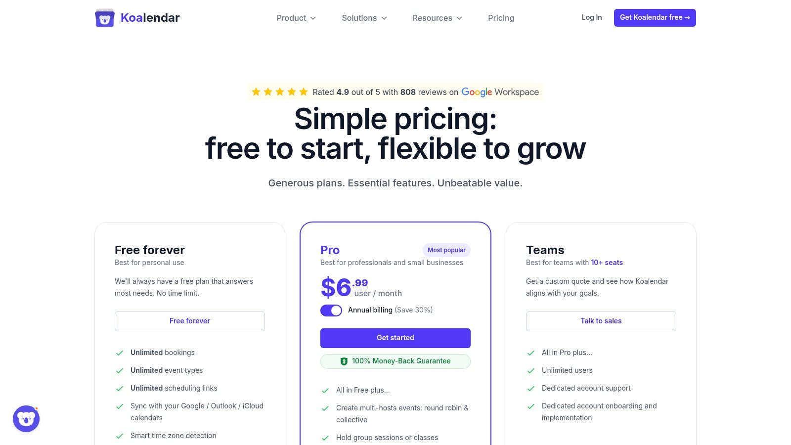 Koalendar pricing plans showing the free and paid tiers.