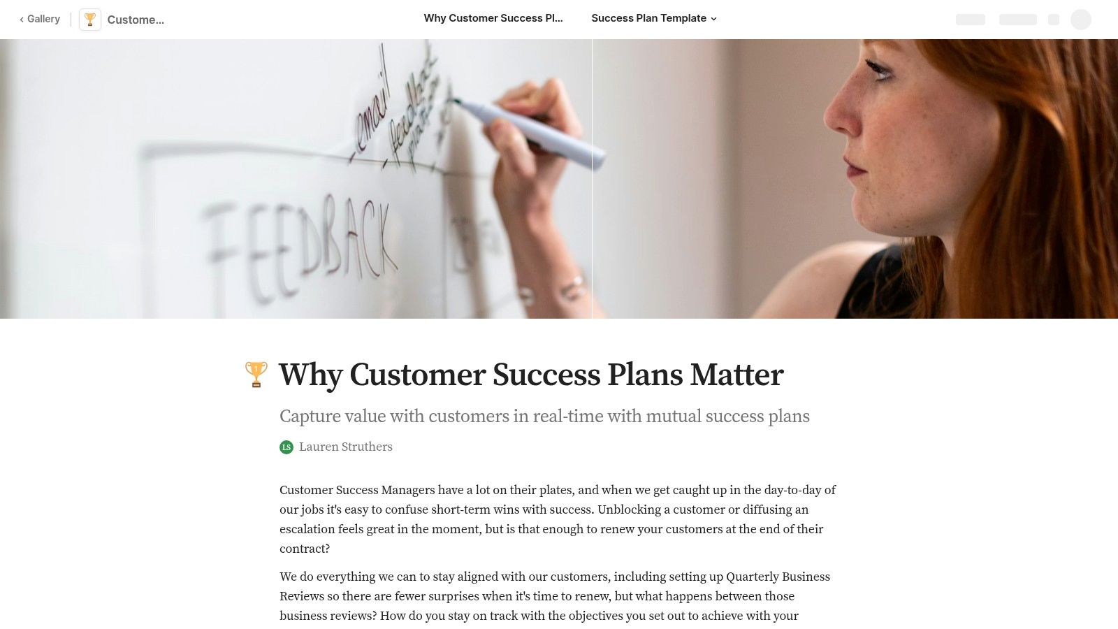 A collaborative whiteboard view within the Coda platform, showing sticky notes and diagrams for customer success planning.