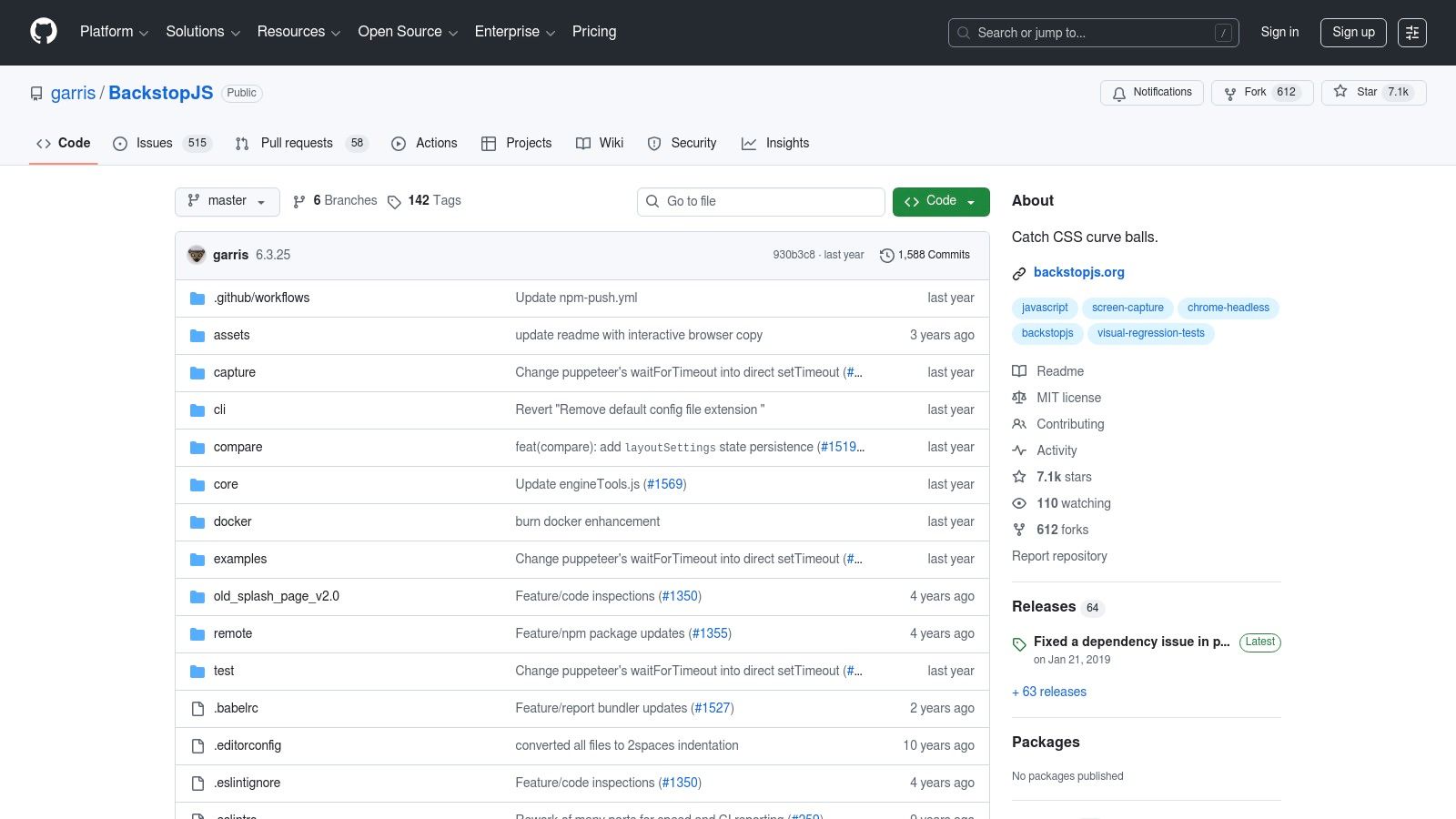 BackstopJS GitHub repository showing its popularity and file structure