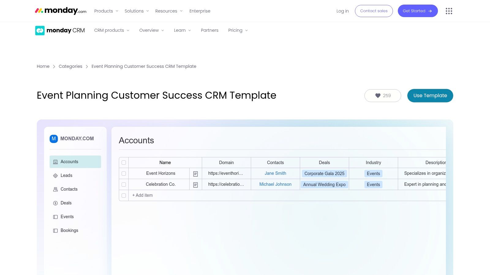 A CRM template board within the monday.com platform, showing customer data, statuses, and key contacts.