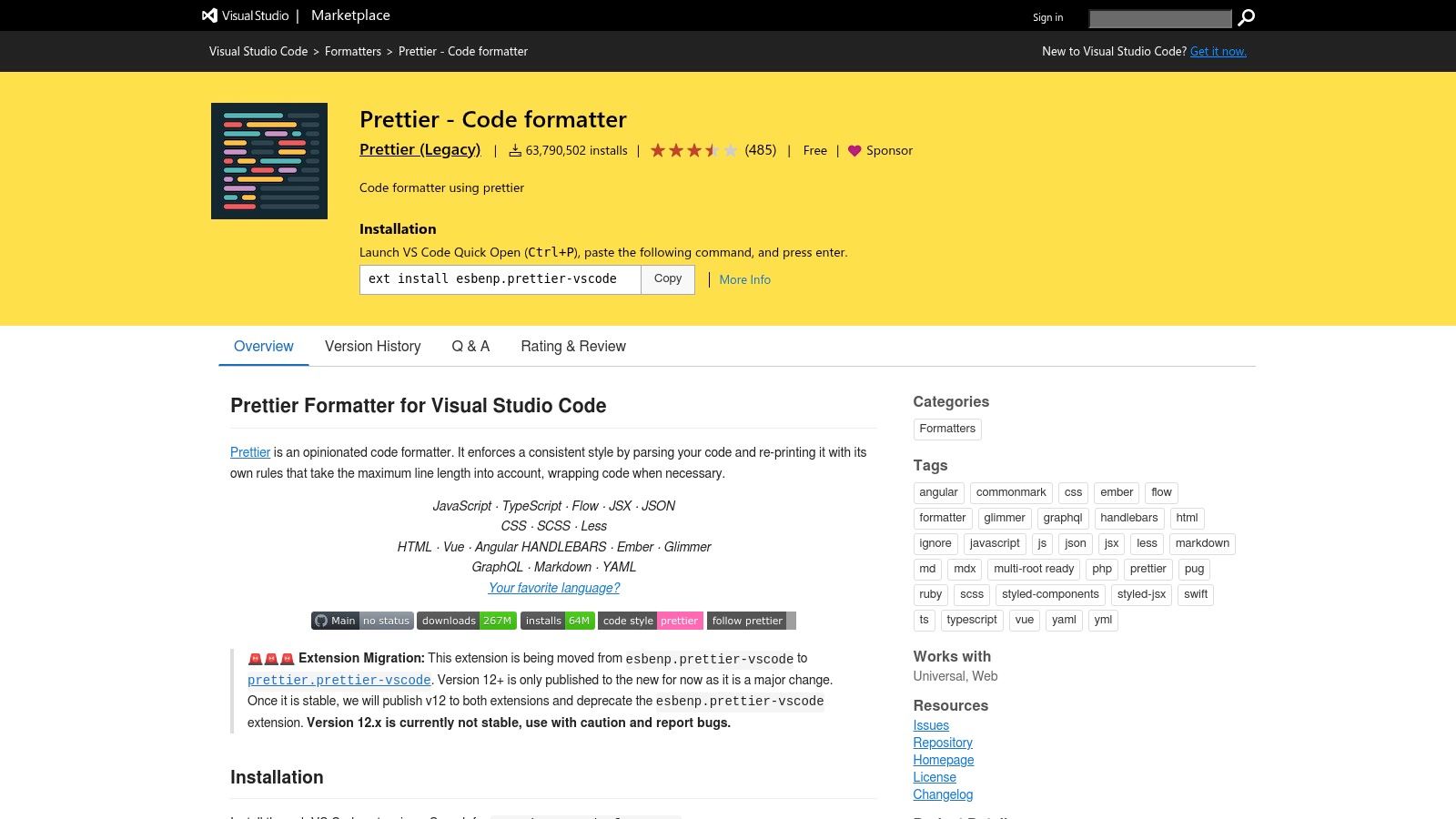 Prettier: Code formatter (VS Code Marketplace)