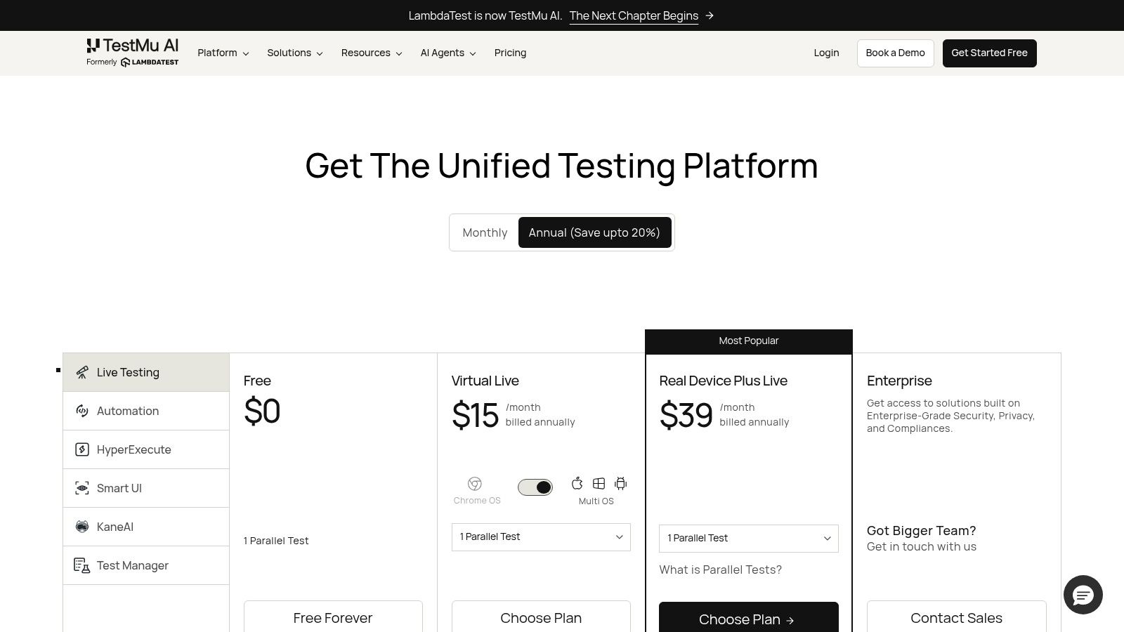 LambdaTest pricing showing free and paid plans for their testing cloud.