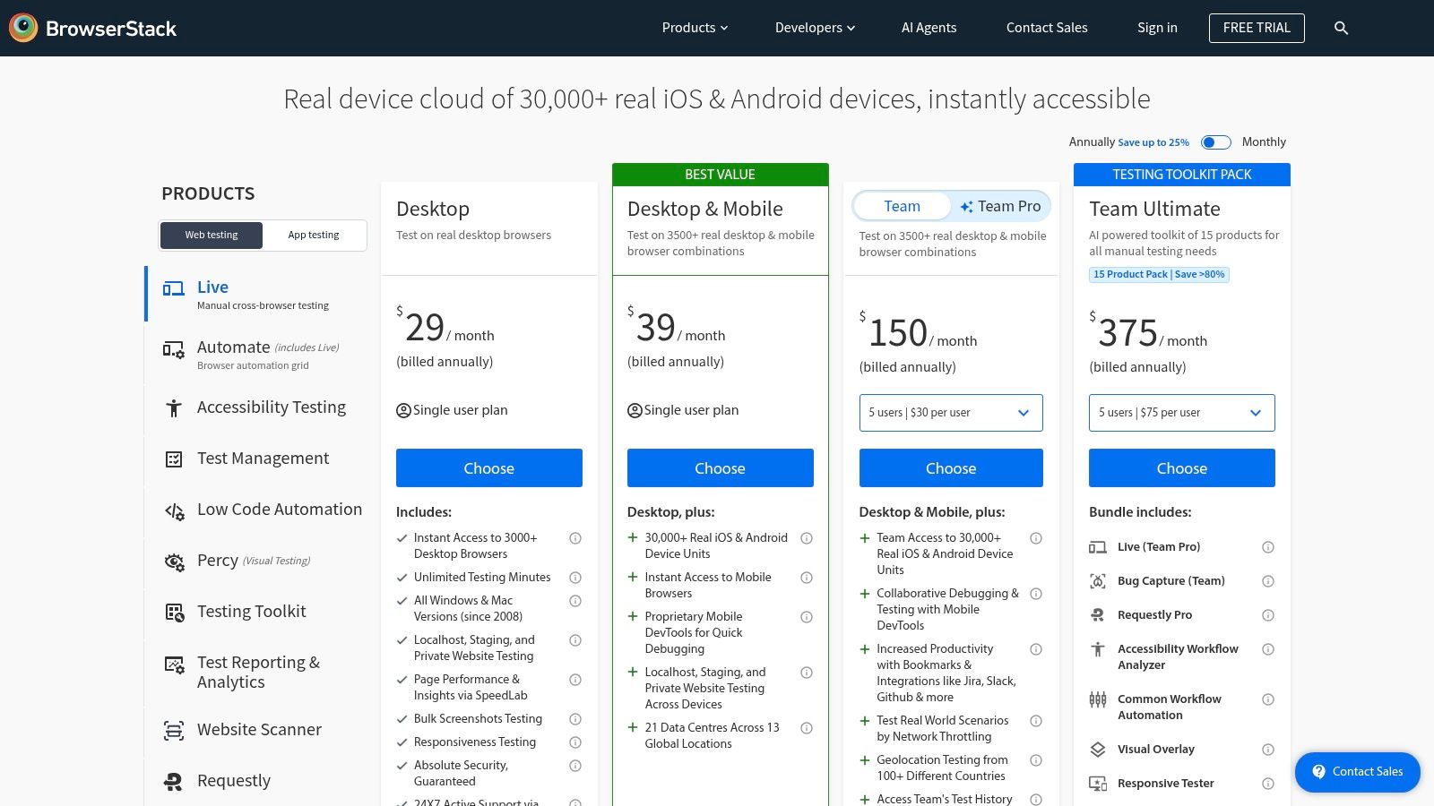 Percy by BrowserStack pricing plans showing Web and App tiers