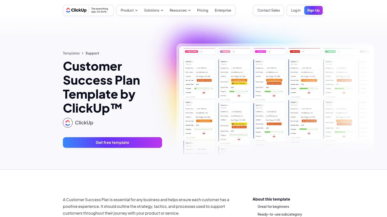 A customer dashboard view within the ClickUp platform, showing tasks, statuses, and assignees for customer success management.