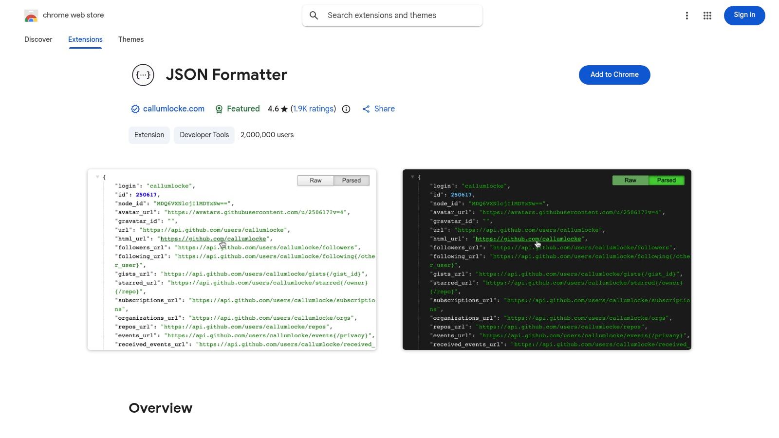 Chrome Web Store — JSON Formatter (Callum Locke)