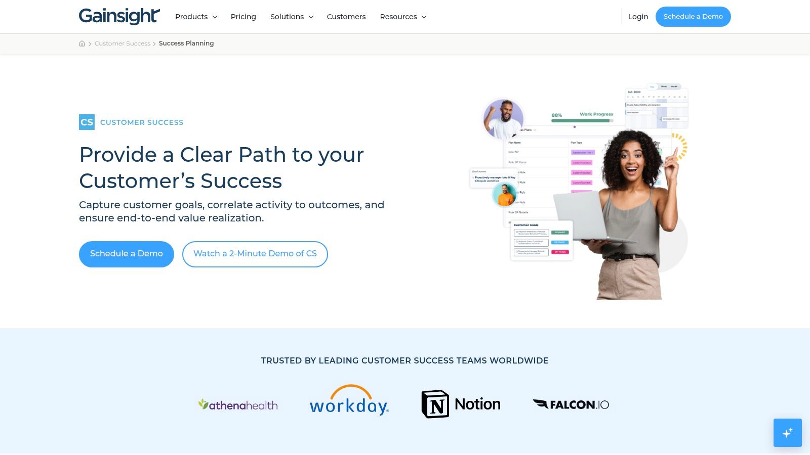 Gainsight's customer success platform showing a detailed success plan with objectives, tasks, and progress tracking.