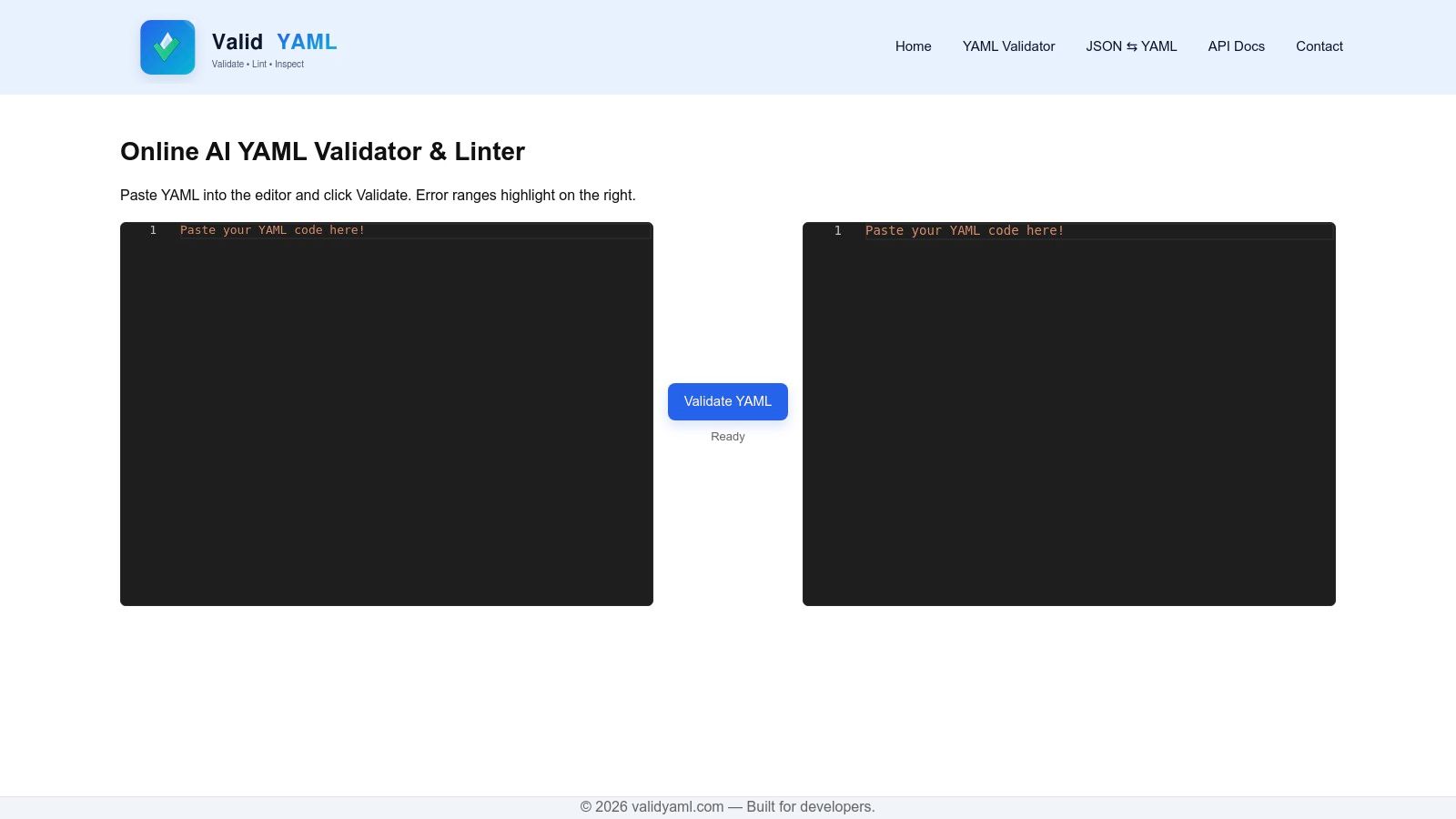 ValidYAML.com — Online AI YAML Validator & Linter
