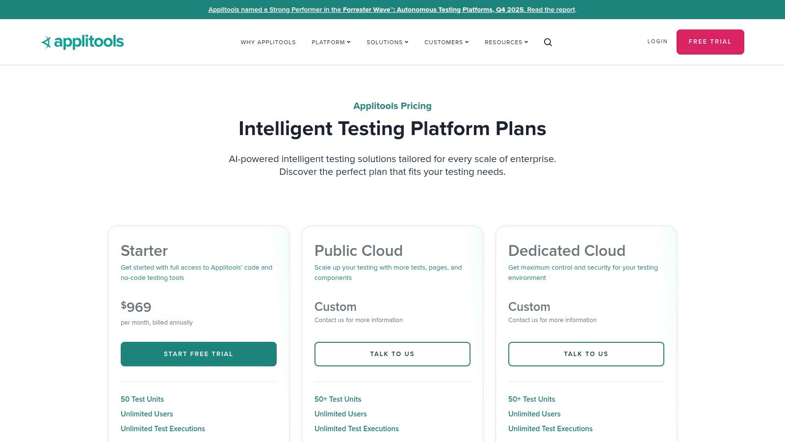 Applitools pricing plans showing different tiers for various team sizes