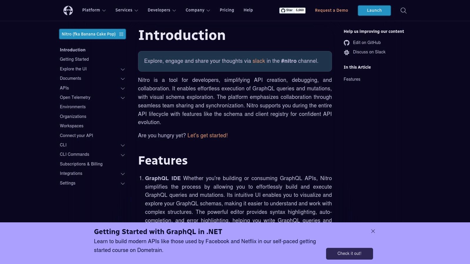 Nitro (formerly Banana Cake Pop) by ChilliCream displaying schema documentation