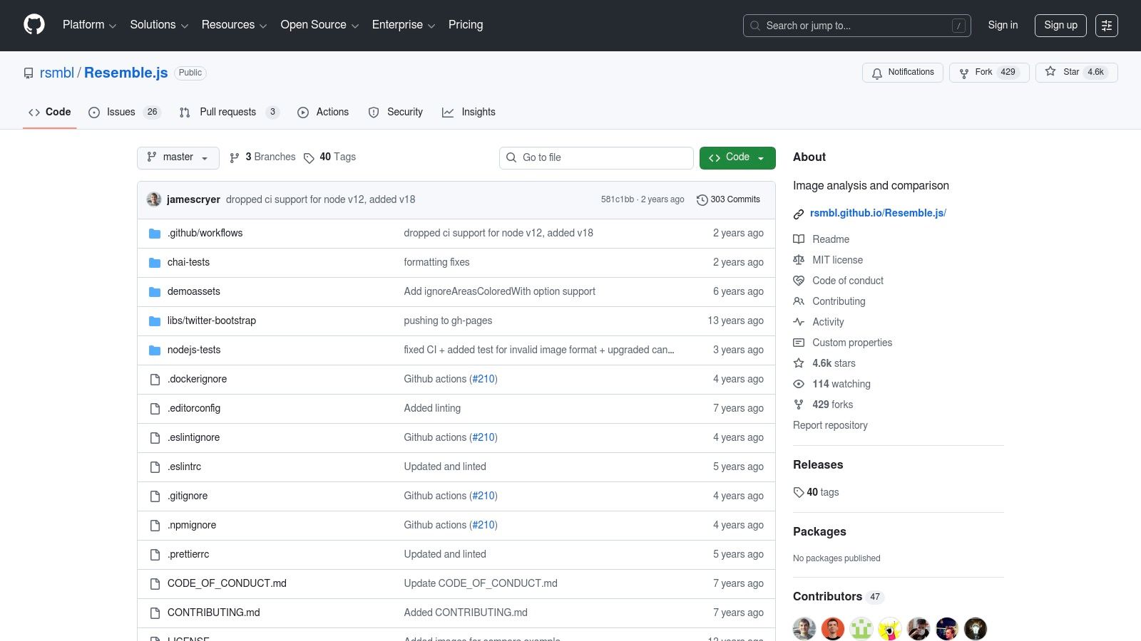 Resemble.js GitHub repository showing its file structure and documentation