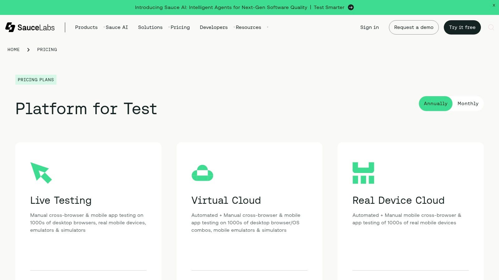 Sauce Labs pricing plans detailing options for live, automated, and mobile testing.