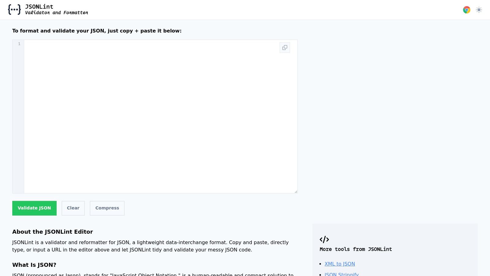 JSONLint's web interface showing a JSON validation result.