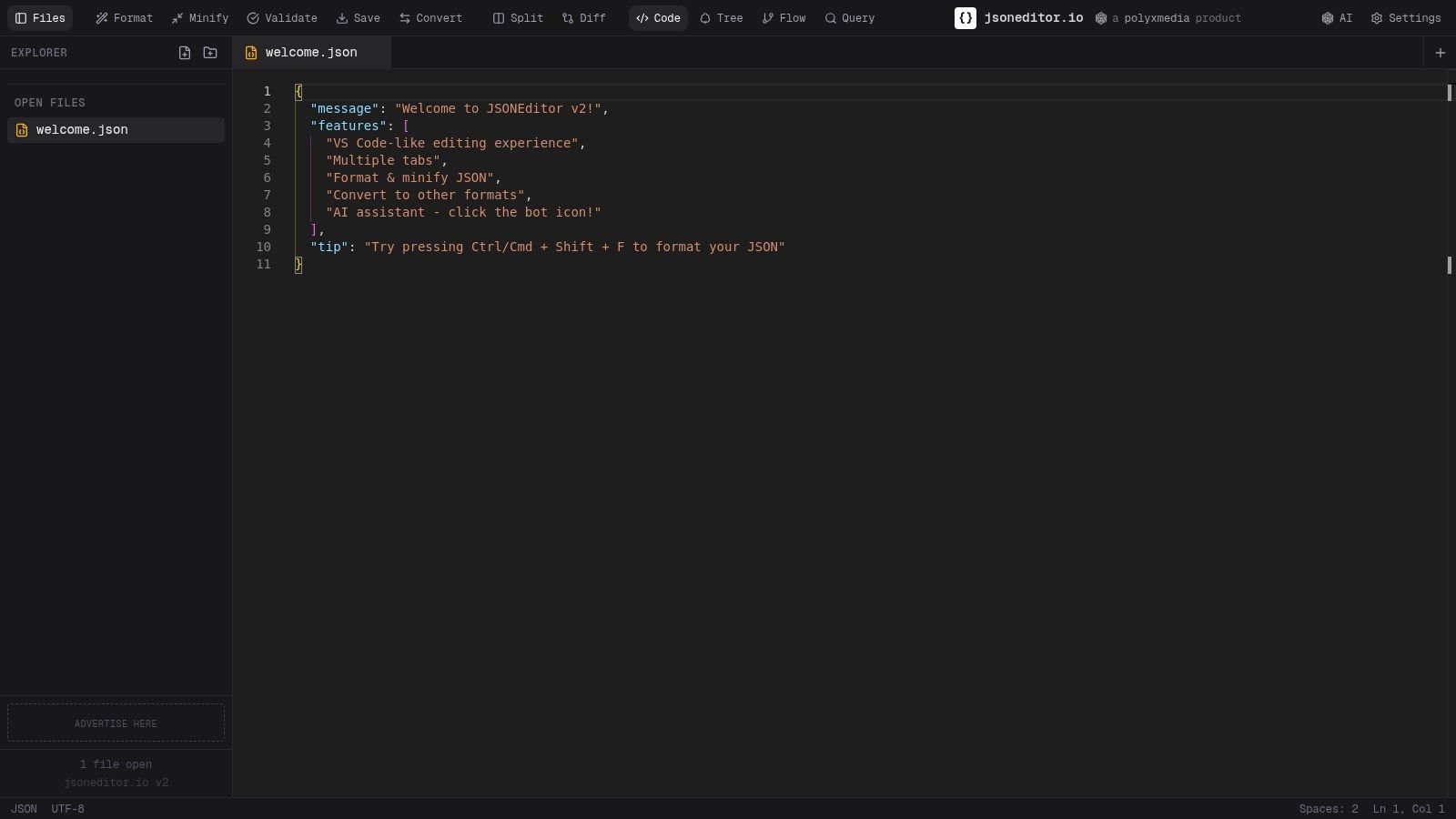 JSON Editor Online's interface showing its tree and text view modes side-by-side.