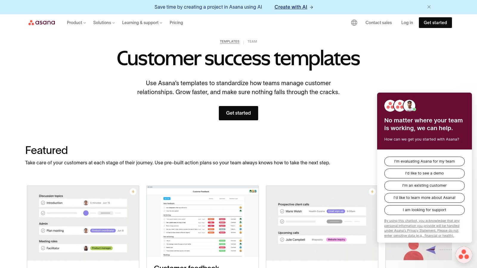 A view of various customer success templates available in the Asana platform, including customer onboarding and feedback management.