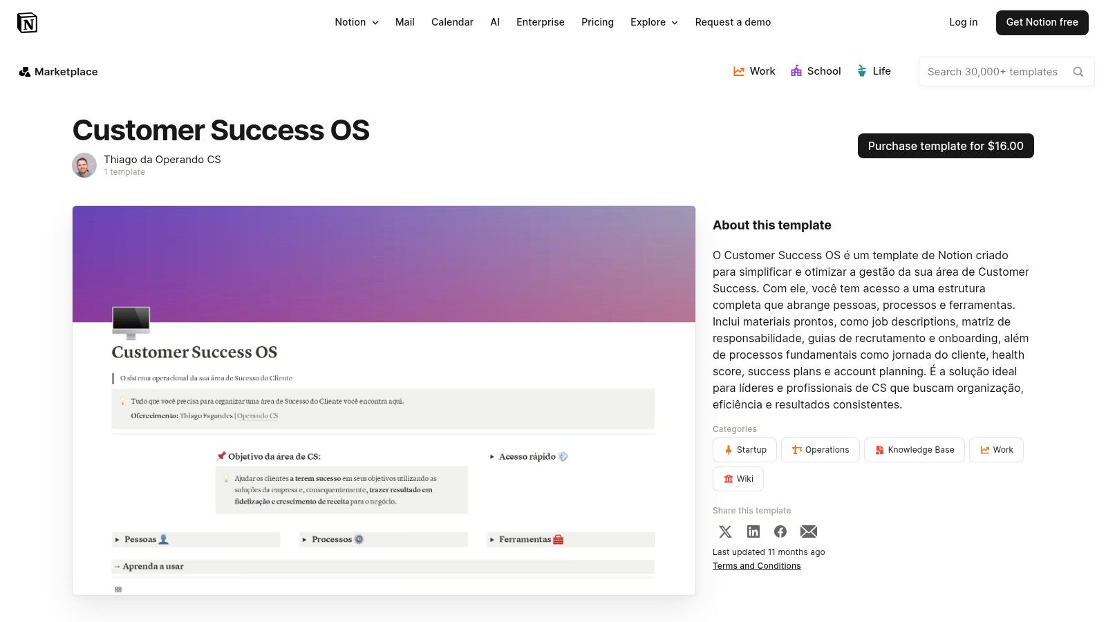 A view of the Customer Success OS template page within the Notion template gallery, showing its structure and features.
