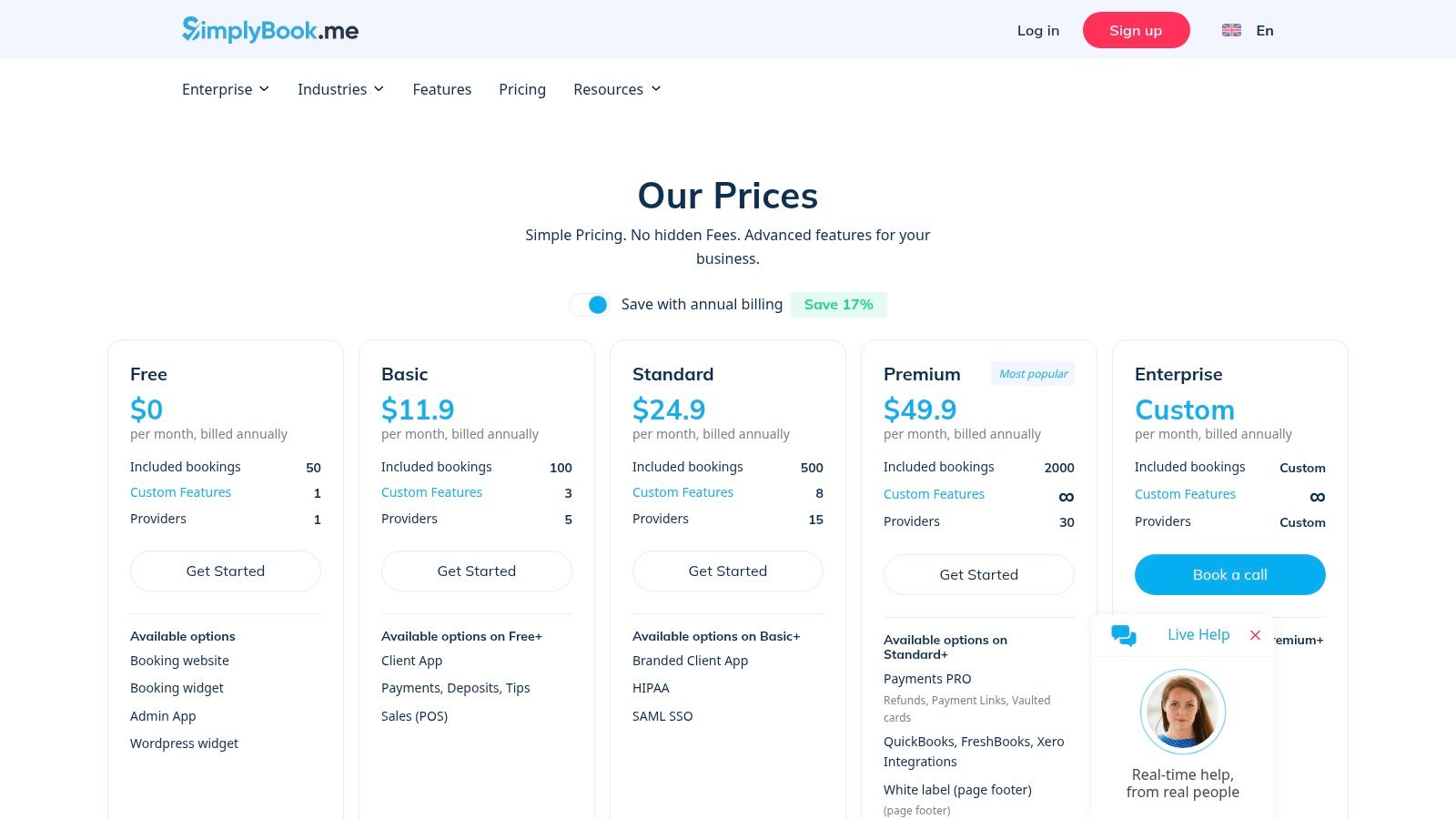 SimplyBook.me pricing plans showing the free and paid tiers.