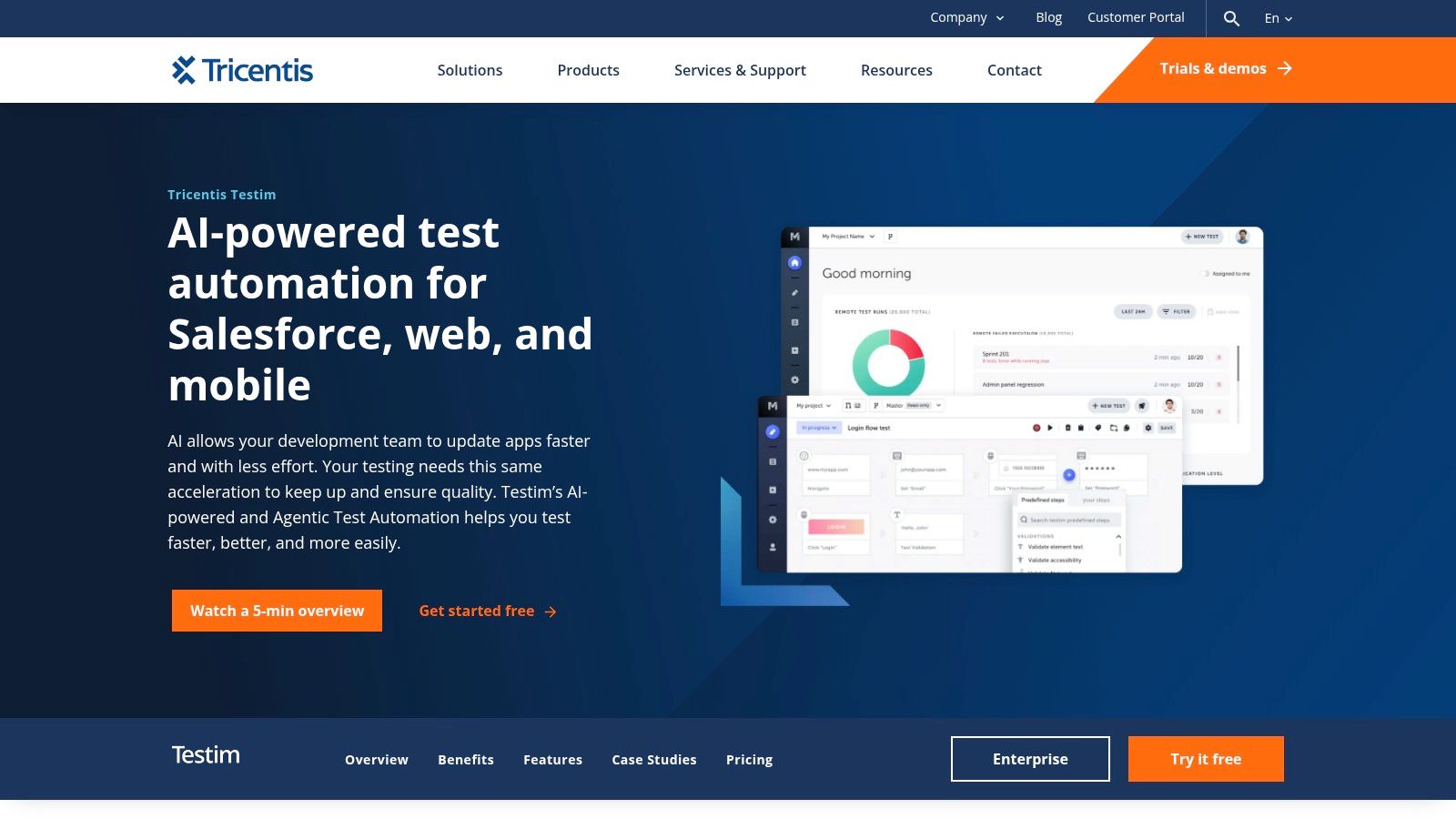 Tricentis Testim interface showing a test case for a web application.